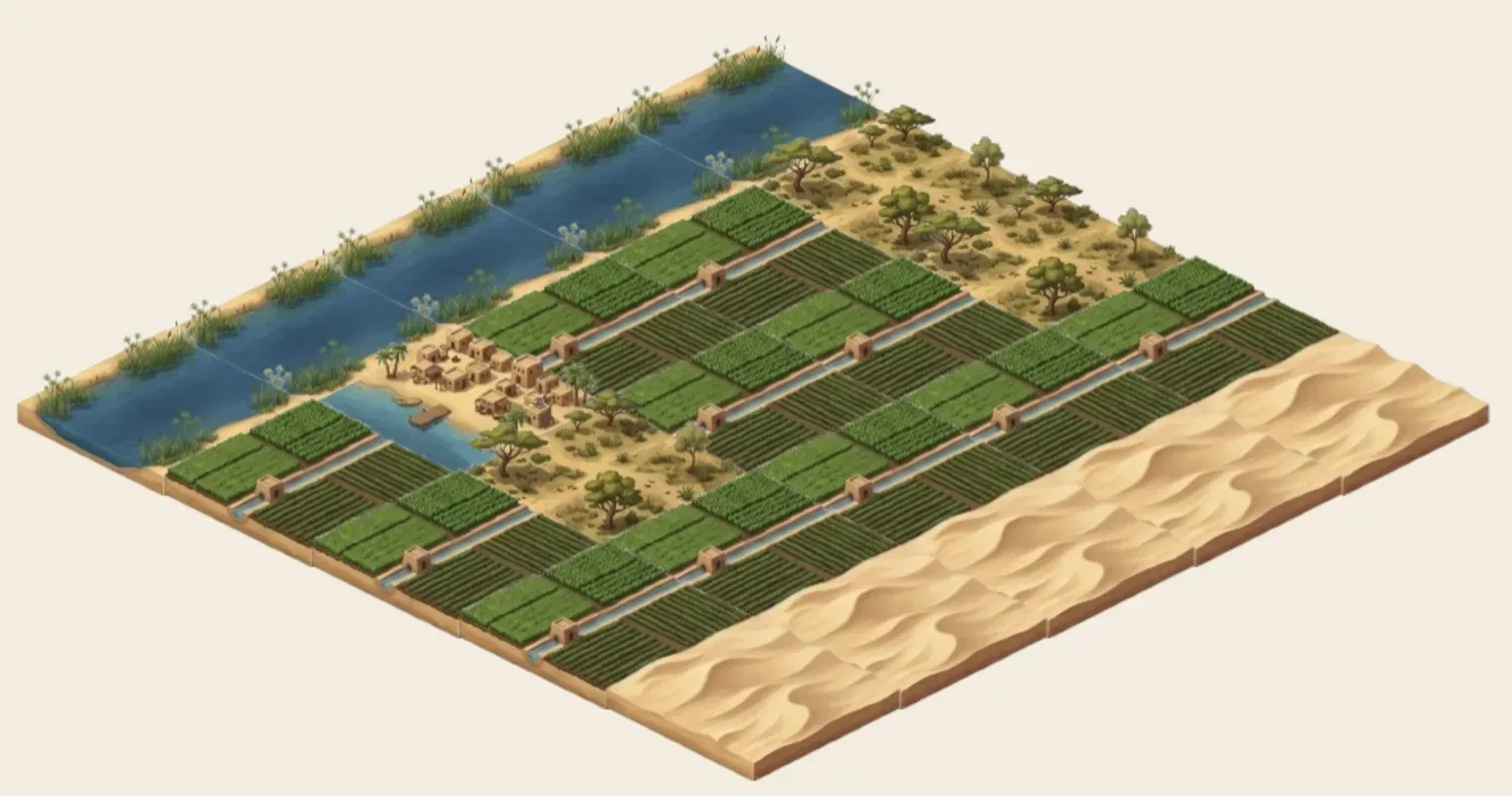 Carte isométrique du territoire de Malkata : le Nil bordé de roseaux
                      et de palmiers, un village de briques crues sur sa rive, des champs
                      irrigués en damier, et le désert de dunes à l'est.